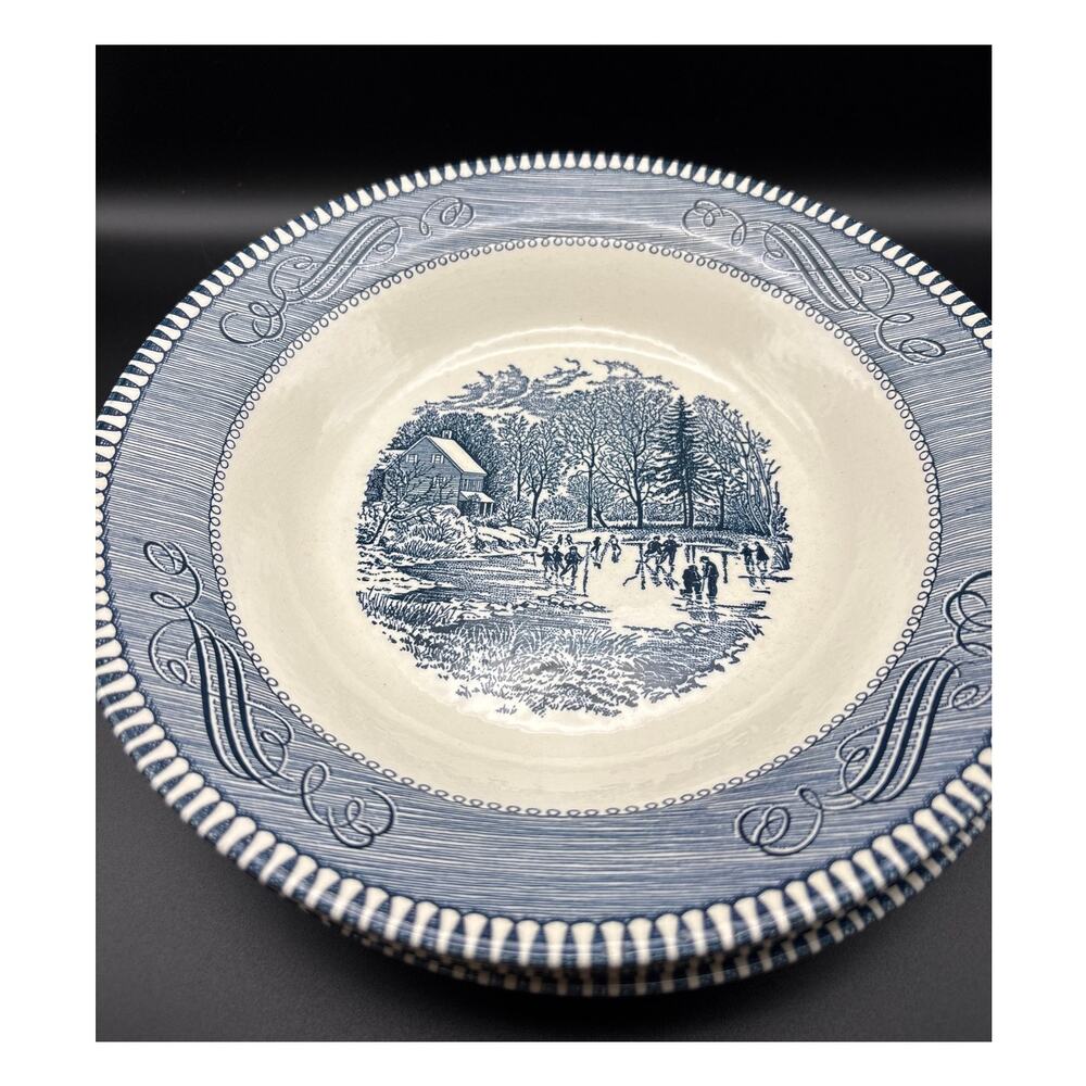 Vintage Currier and Ives Early Winter Royal Bowl 8 inch Blue White Set of (3)